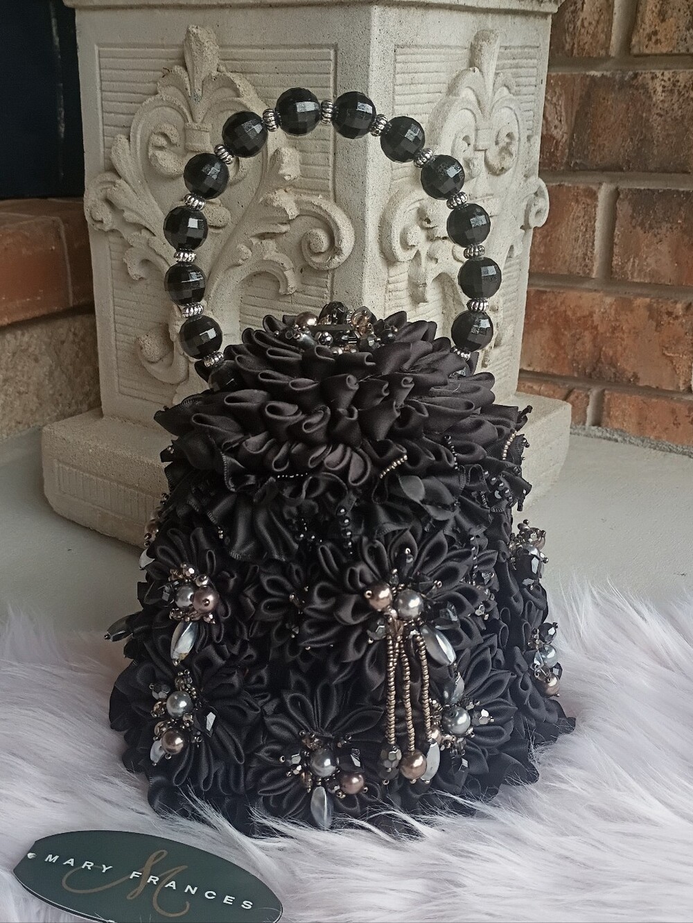 Mary Frances Black Dahlia Halloween Beaded Floral Bucket Bag